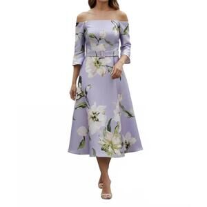 NEW FRASCARA off the shoulder floral belted midi dress in purple